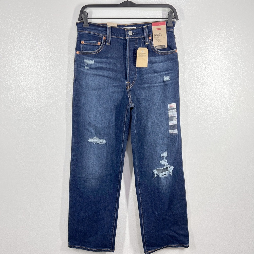 Levi's Ribcage Straight Ankle Super High Rise Jeans Distressed Denim Womens 26